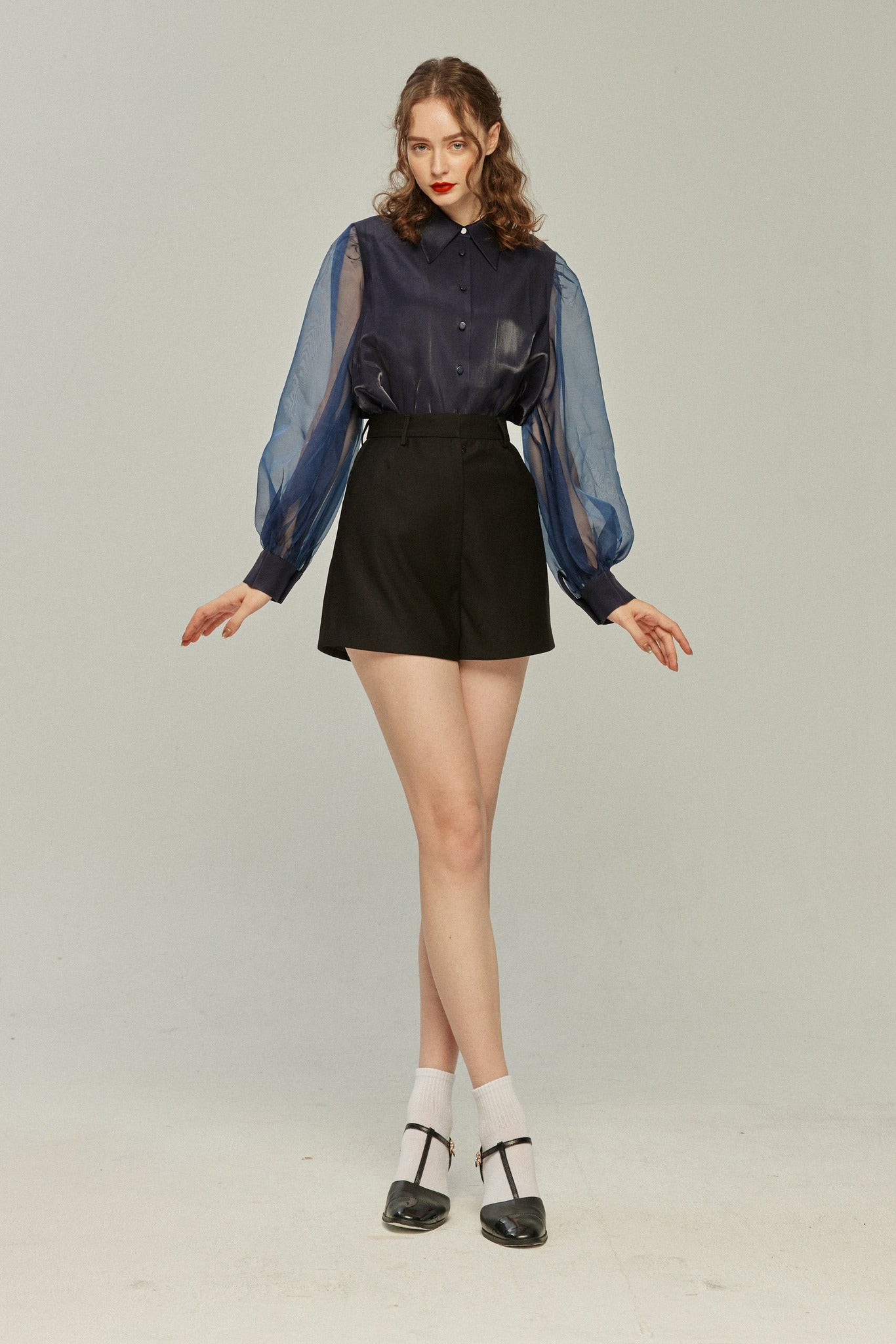 シースルースリーブブラウス-Navy