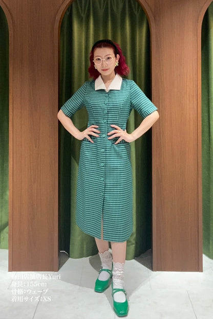 オープンカラーチェックワンピース-Green