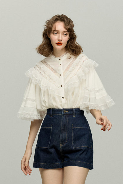ハイウエストショートデニムパンツ-Navy