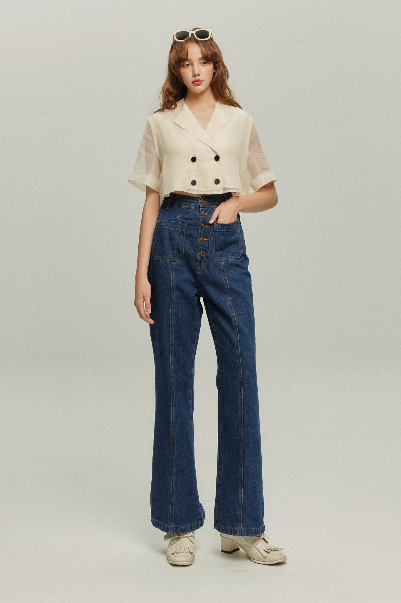 フロントボタンハイウエストデニムパンツ-Navy
