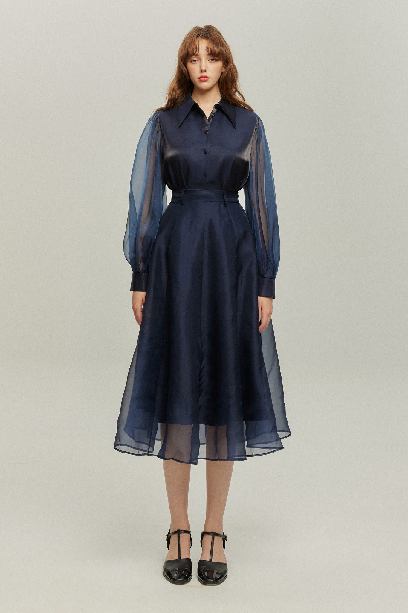 シースルースリーブブラウス-Navy