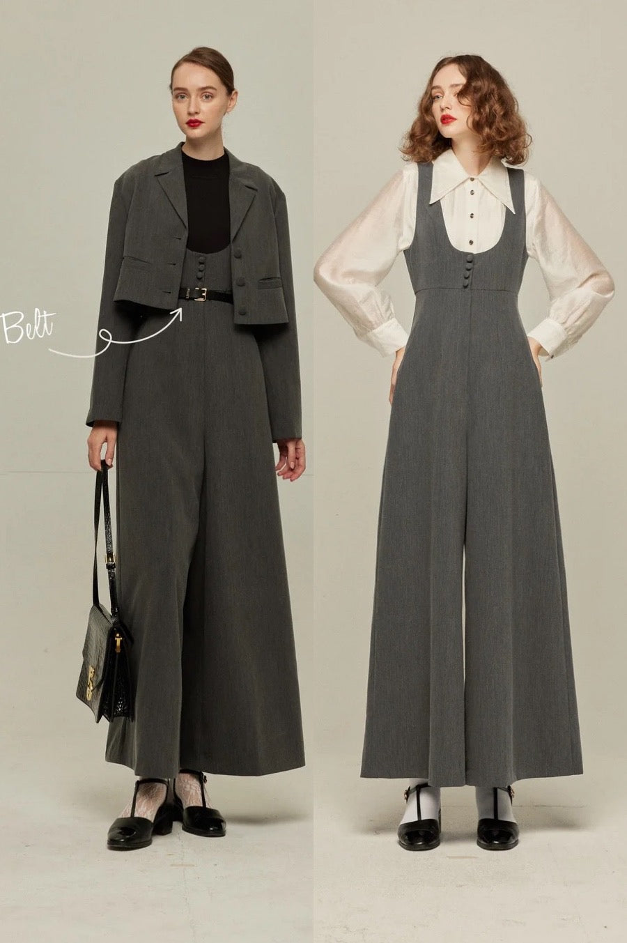 ハイウエストデザインバッククロスサロペット-Gray