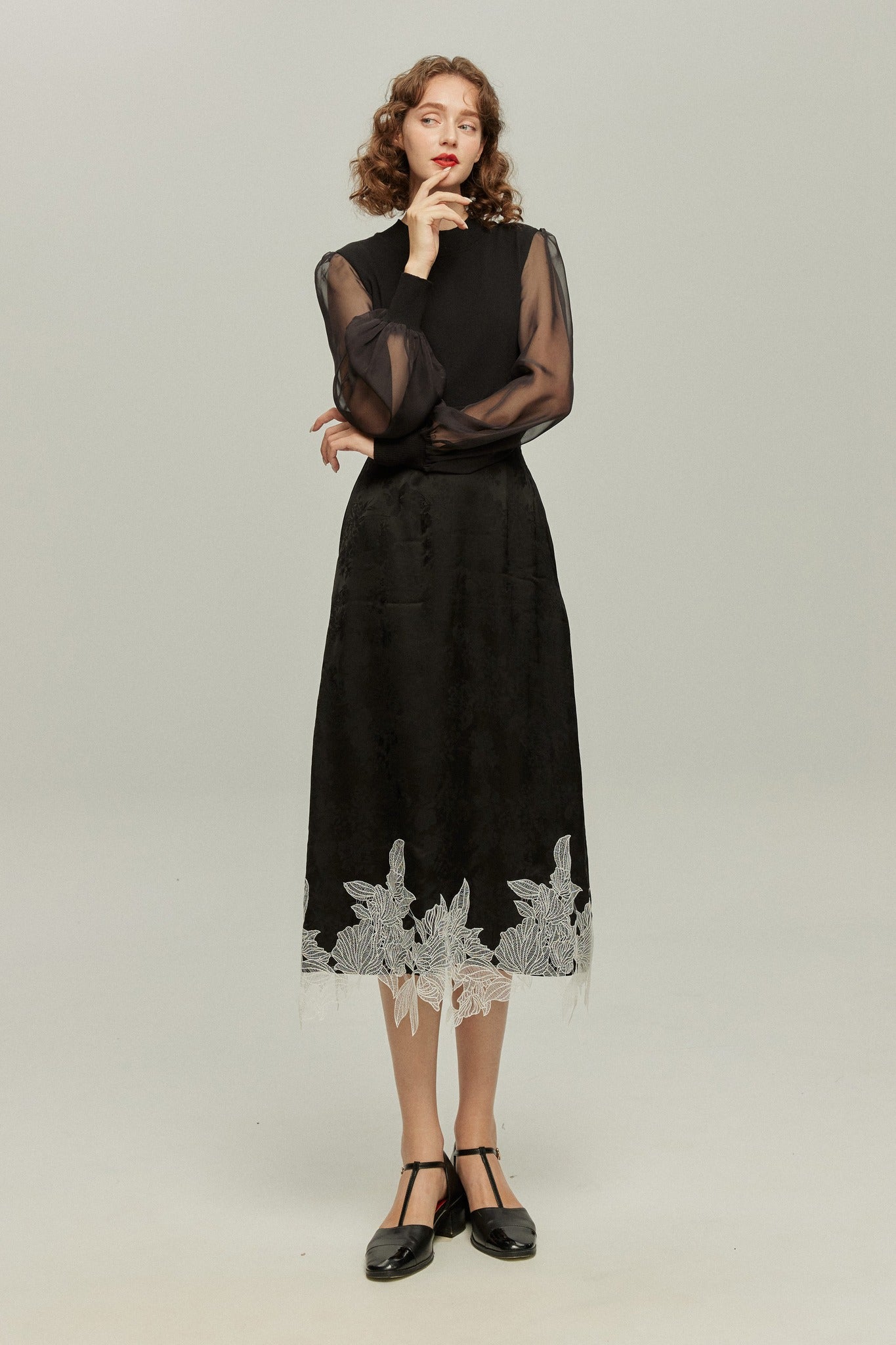 シースルースリーブニットトップ-Black