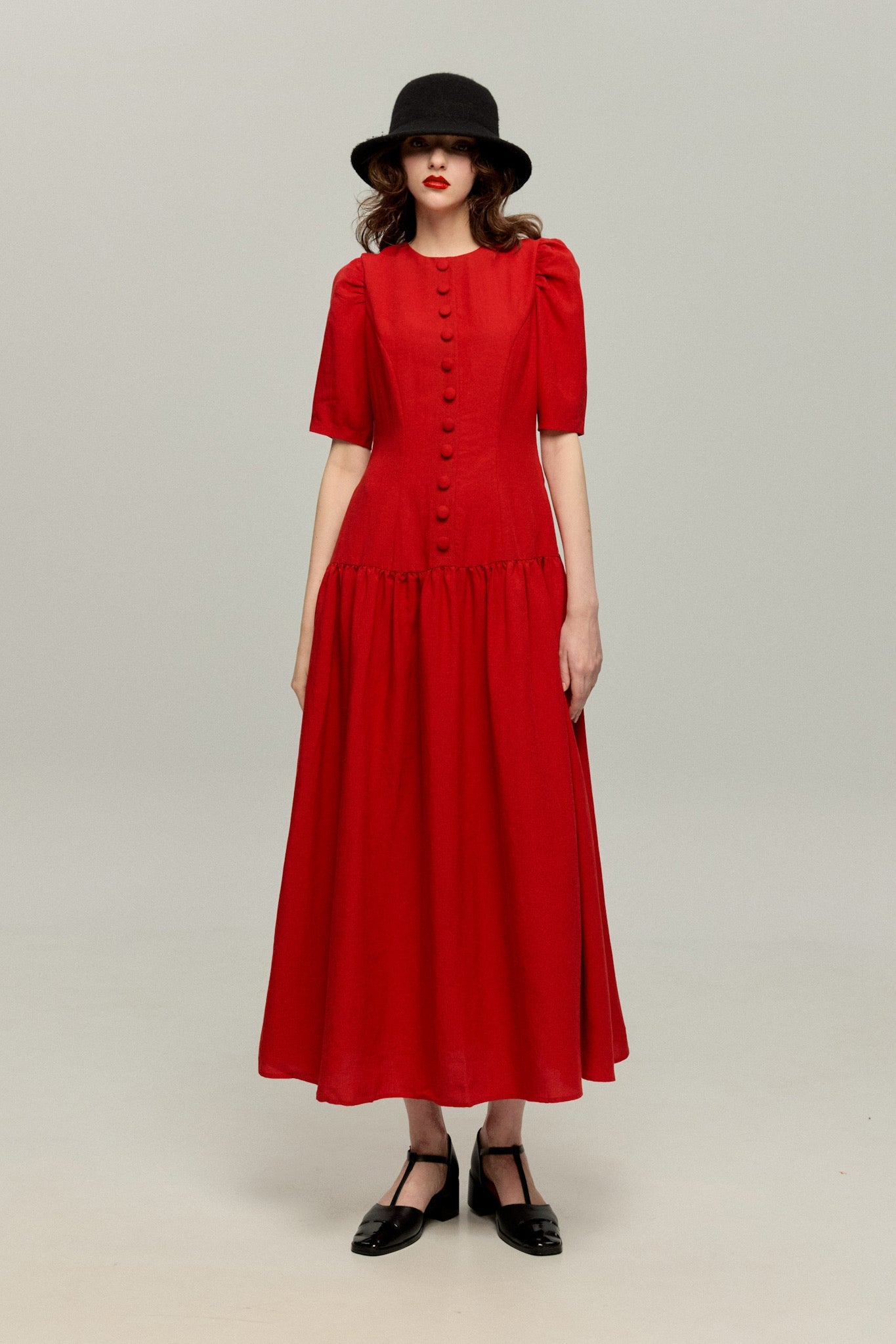 ハイウエストデザインドレス-Red