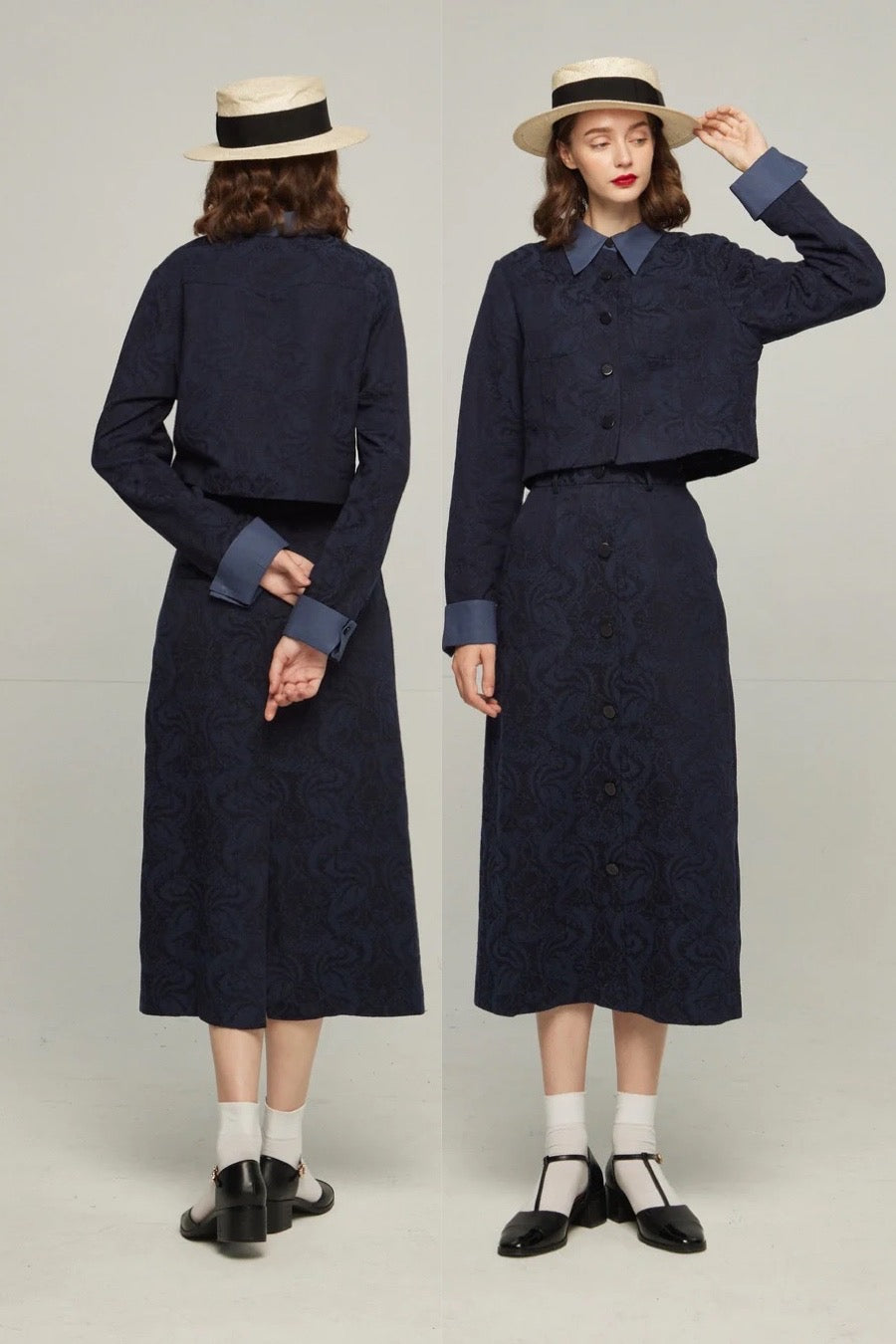 ハイウエストシノワズリジャガードスカート-Navy