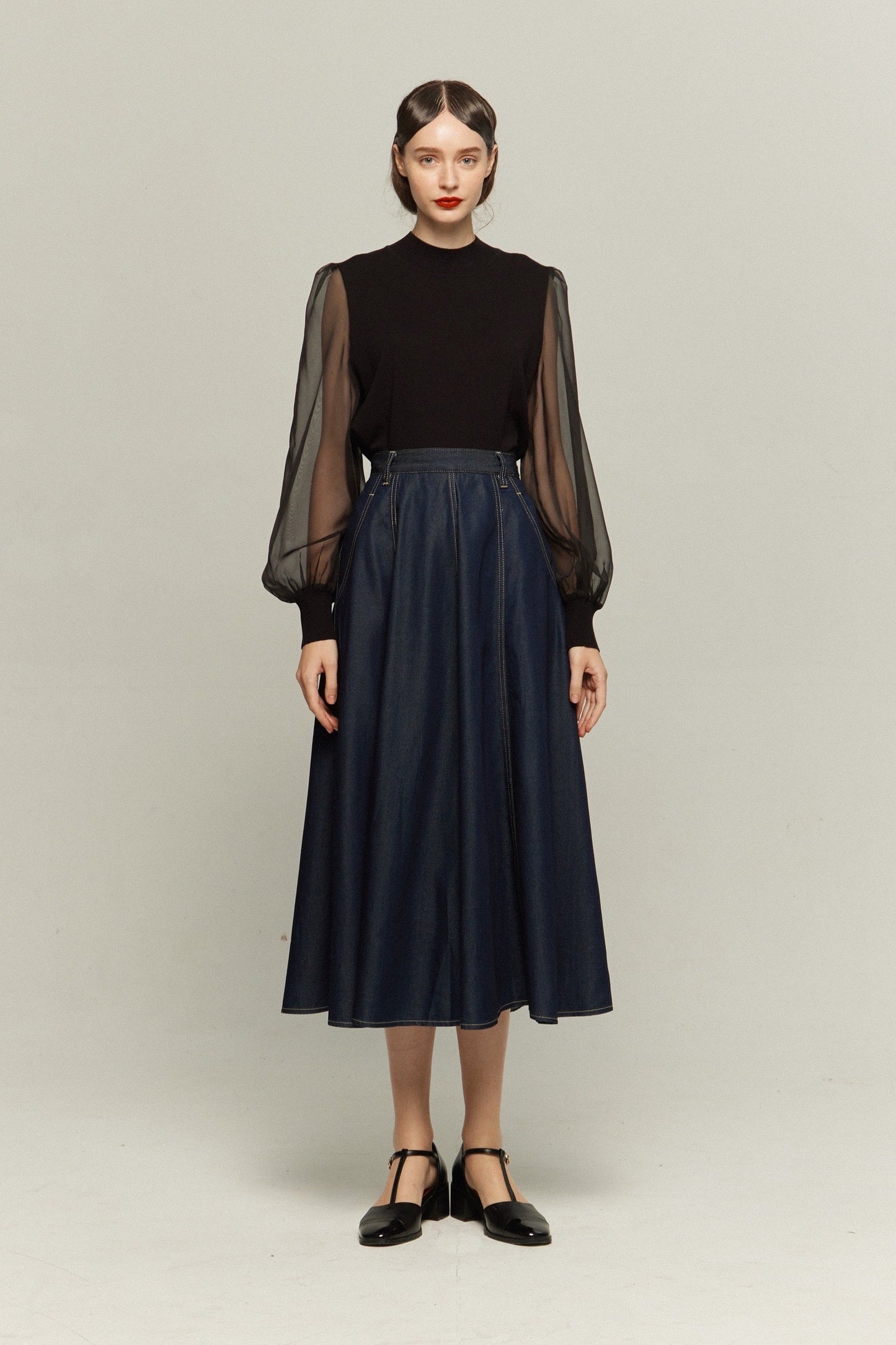 シースルースリーブニットトップ-Black