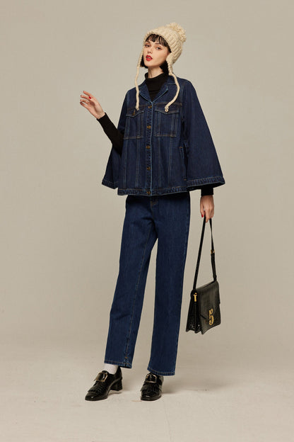 ハイウエストストレートデニムパンツ-Navy