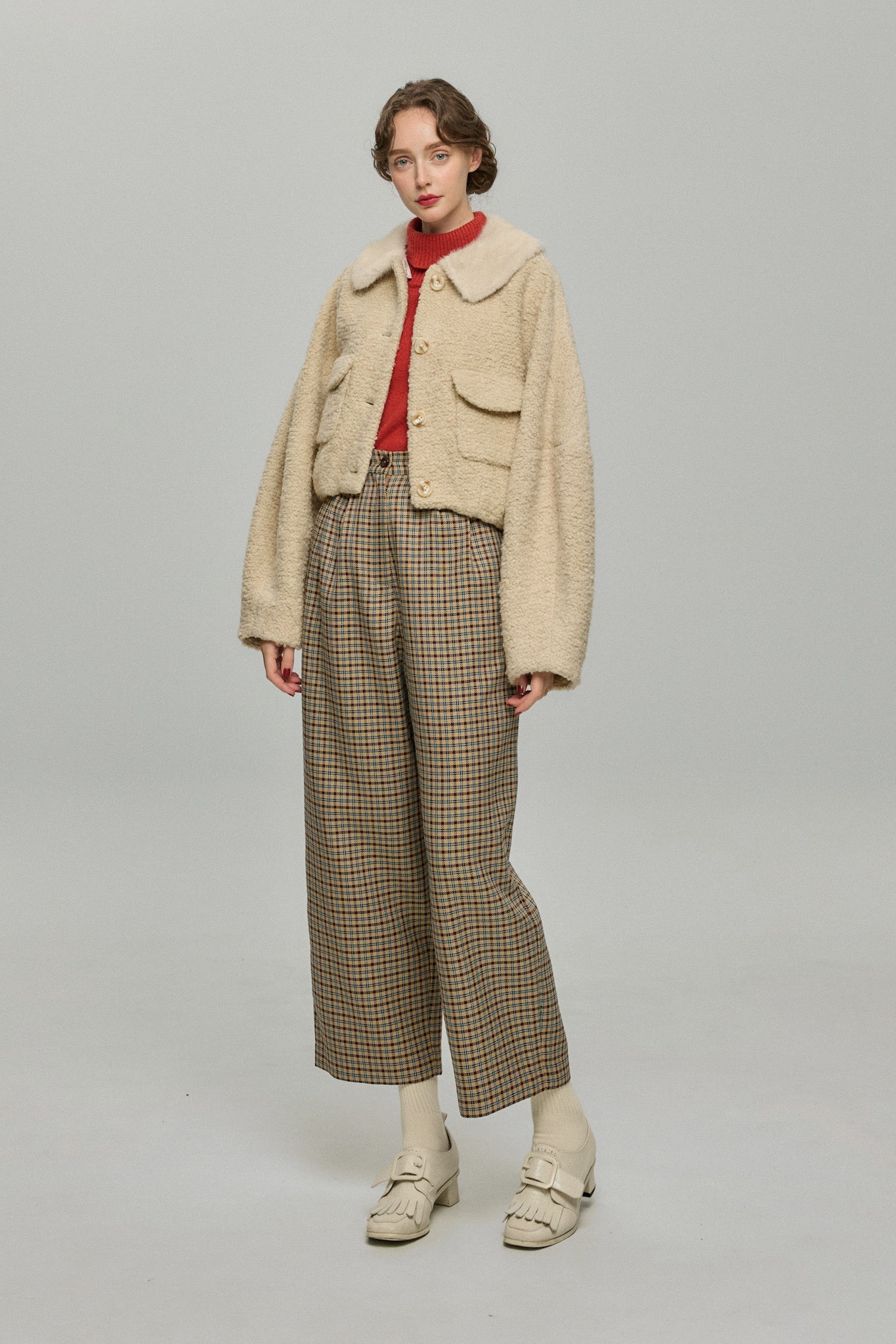 ハイウエストワイドチェックパンツ-Brown