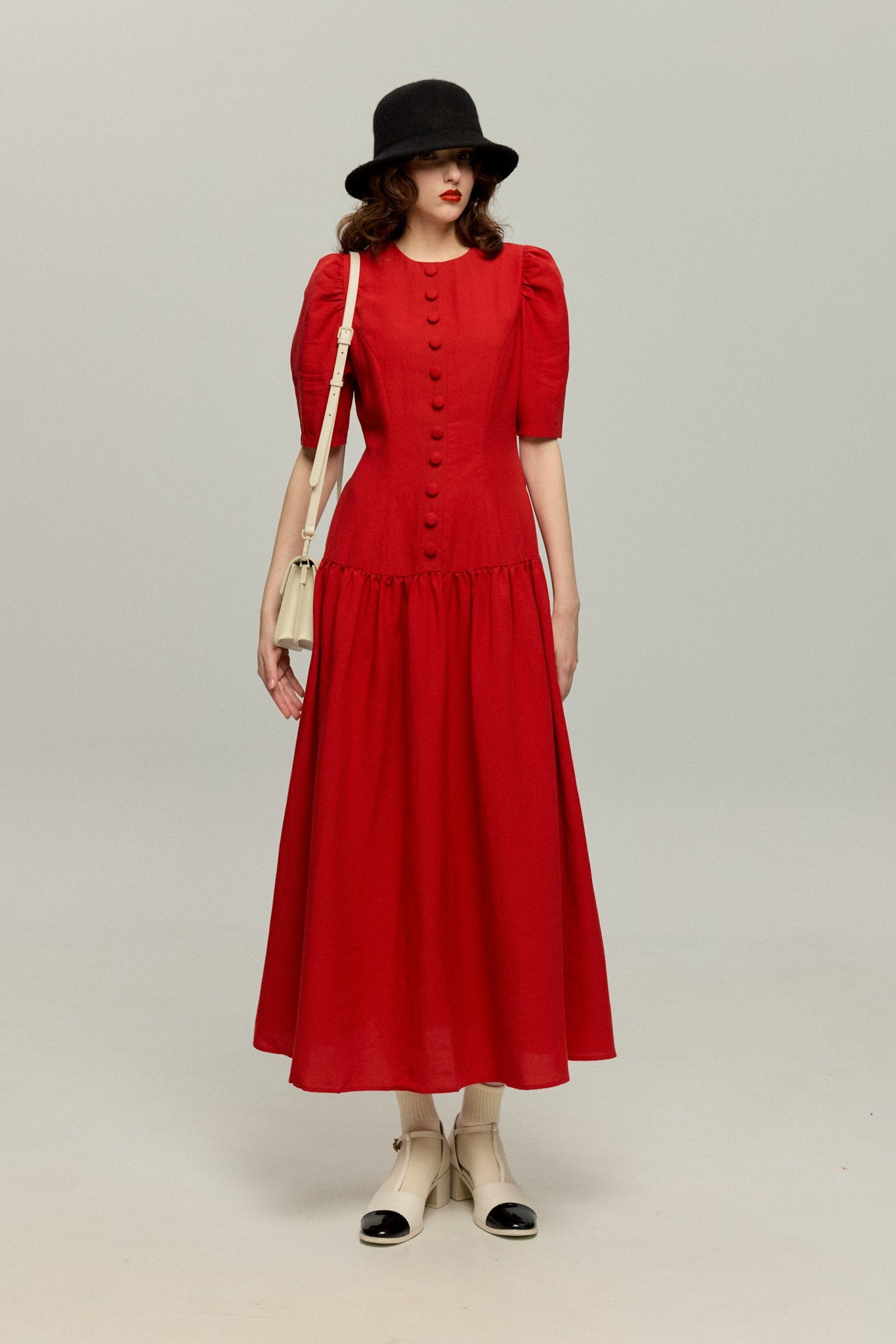 ハイウエストデザインドレス-Red