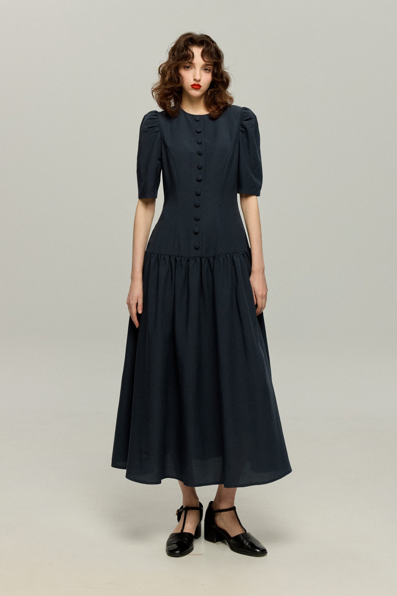 ハイウエストデザインドレス-Navy