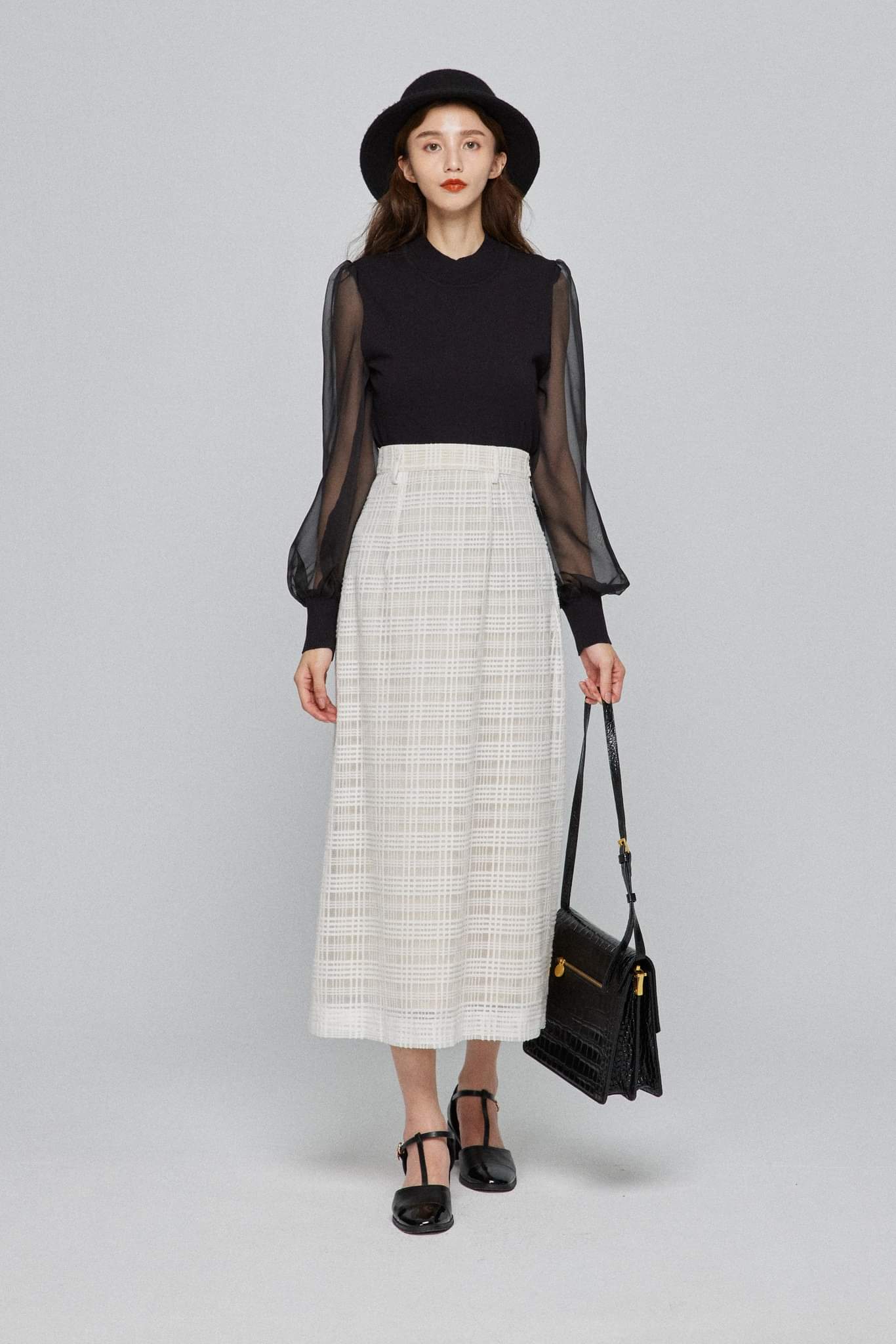 シースルースリーブニットトップ-Black