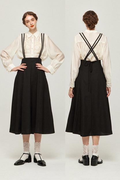 ダブルシンショルダーストラップサスペンダースカート-Black