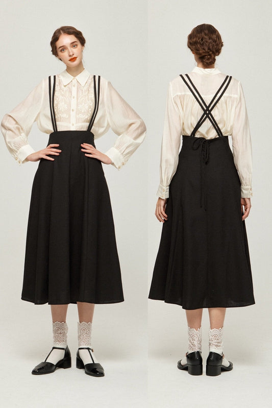 ダブルシンショルダーストラップサスペンダースカート-Black