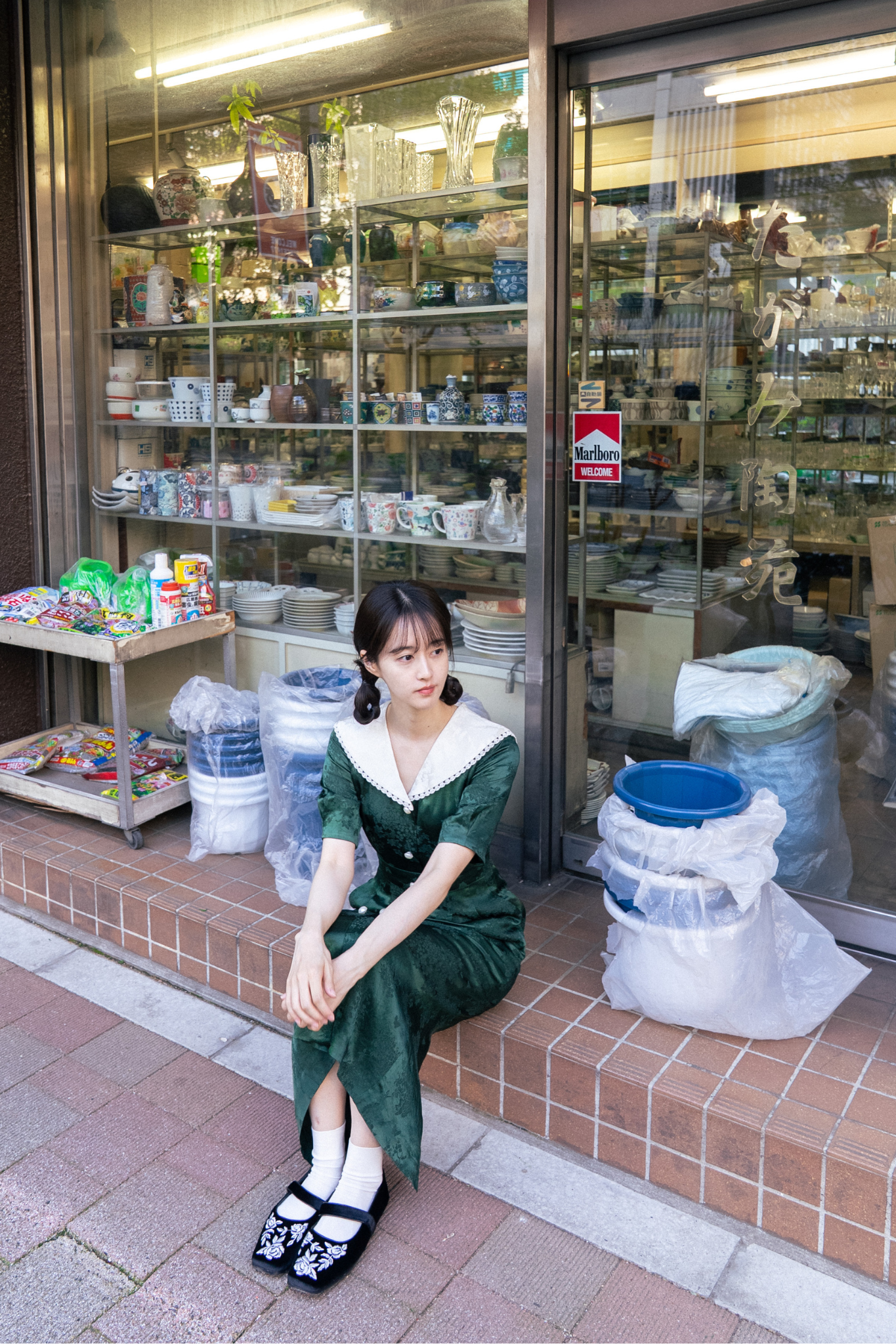 レーストリムジャガードワンピース-Green