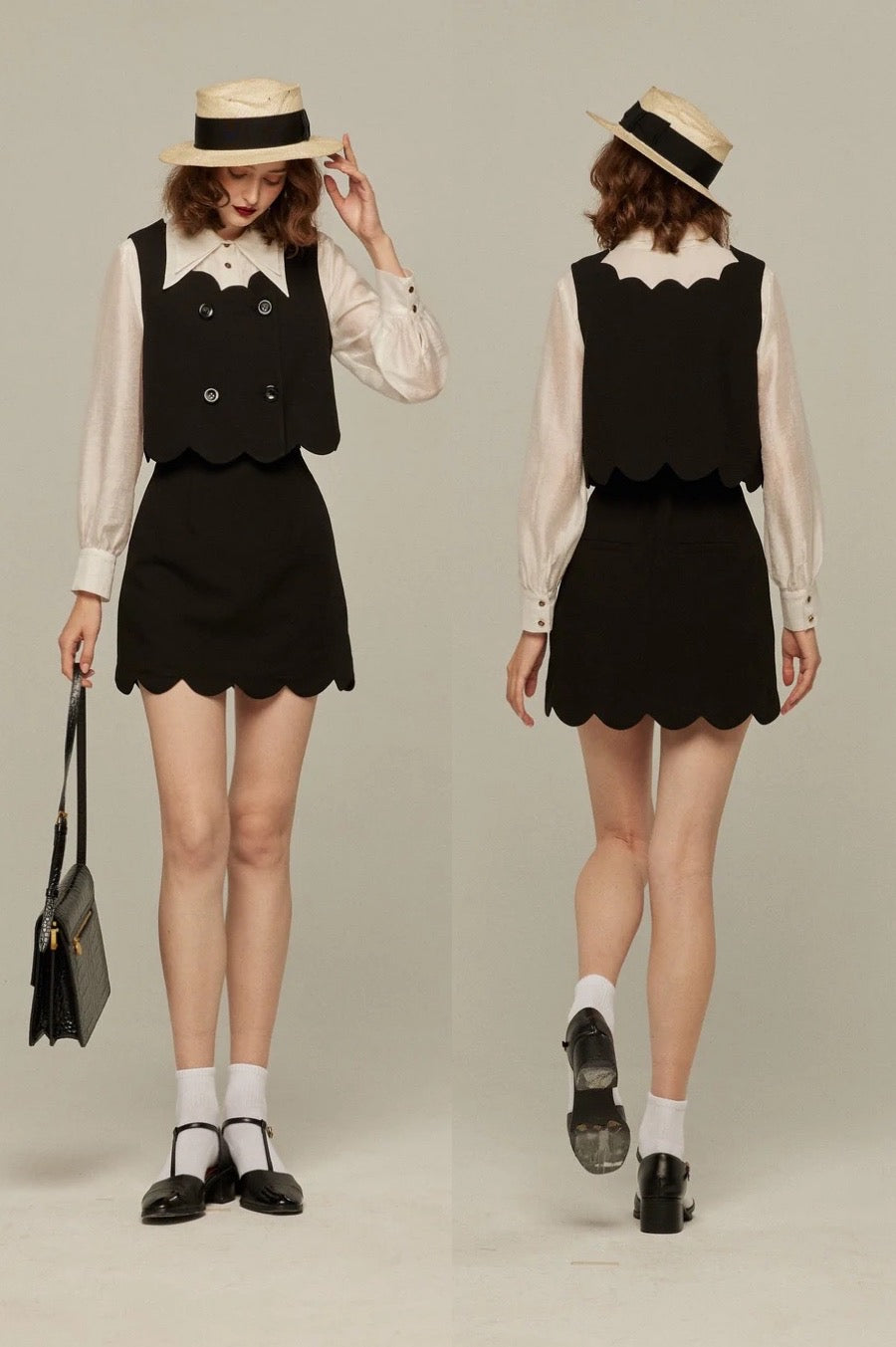 スカラップデザインショートスカート-Black
