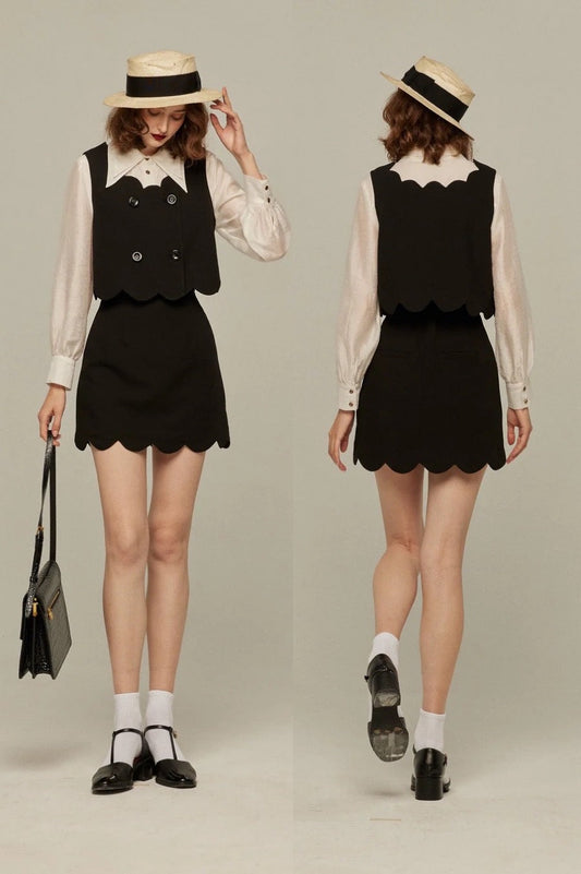 スカラップデザインショートスカート-Black