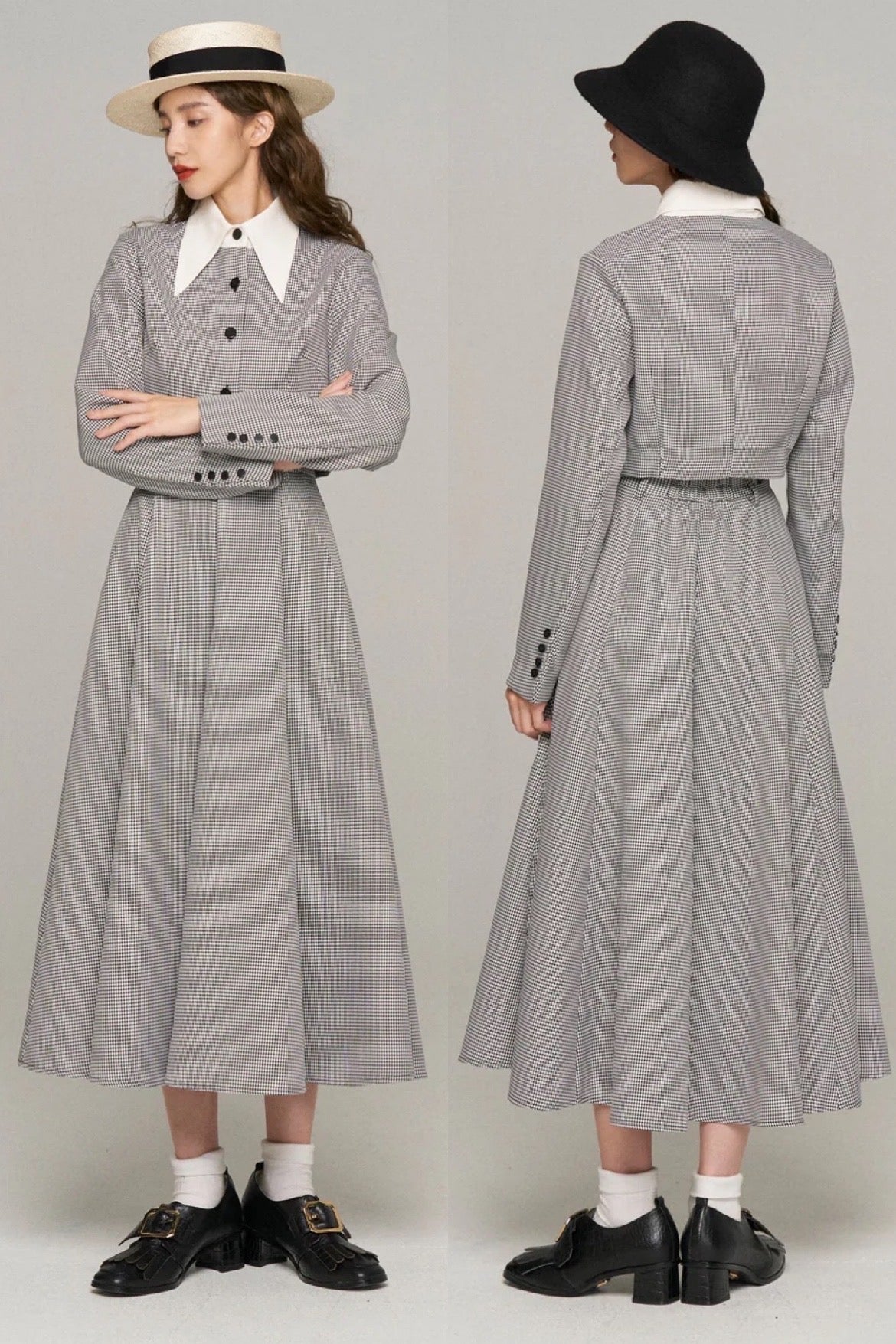 ハイウエストサーキュラースカート-Houndstooth check