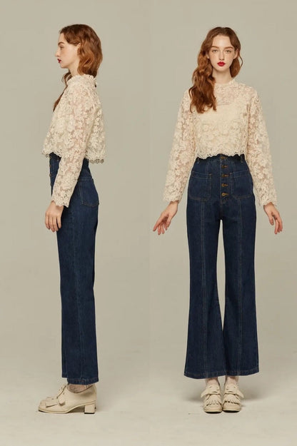 フロントボタンハイウエストデニムパンツ-Navy