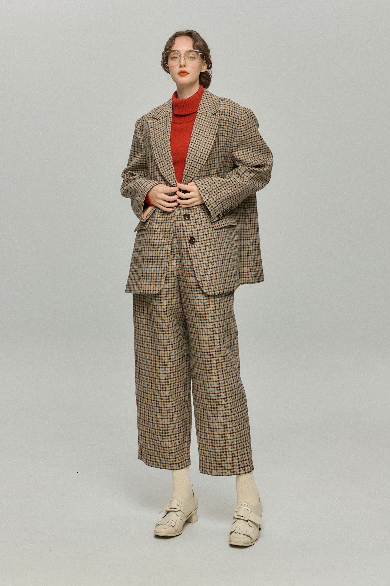 ハイウエストワイドチェックパンツ-Brown