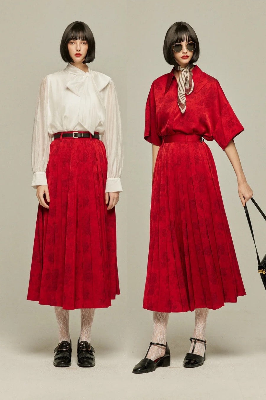 シノワズリハイウエストプリーツスカート-Red