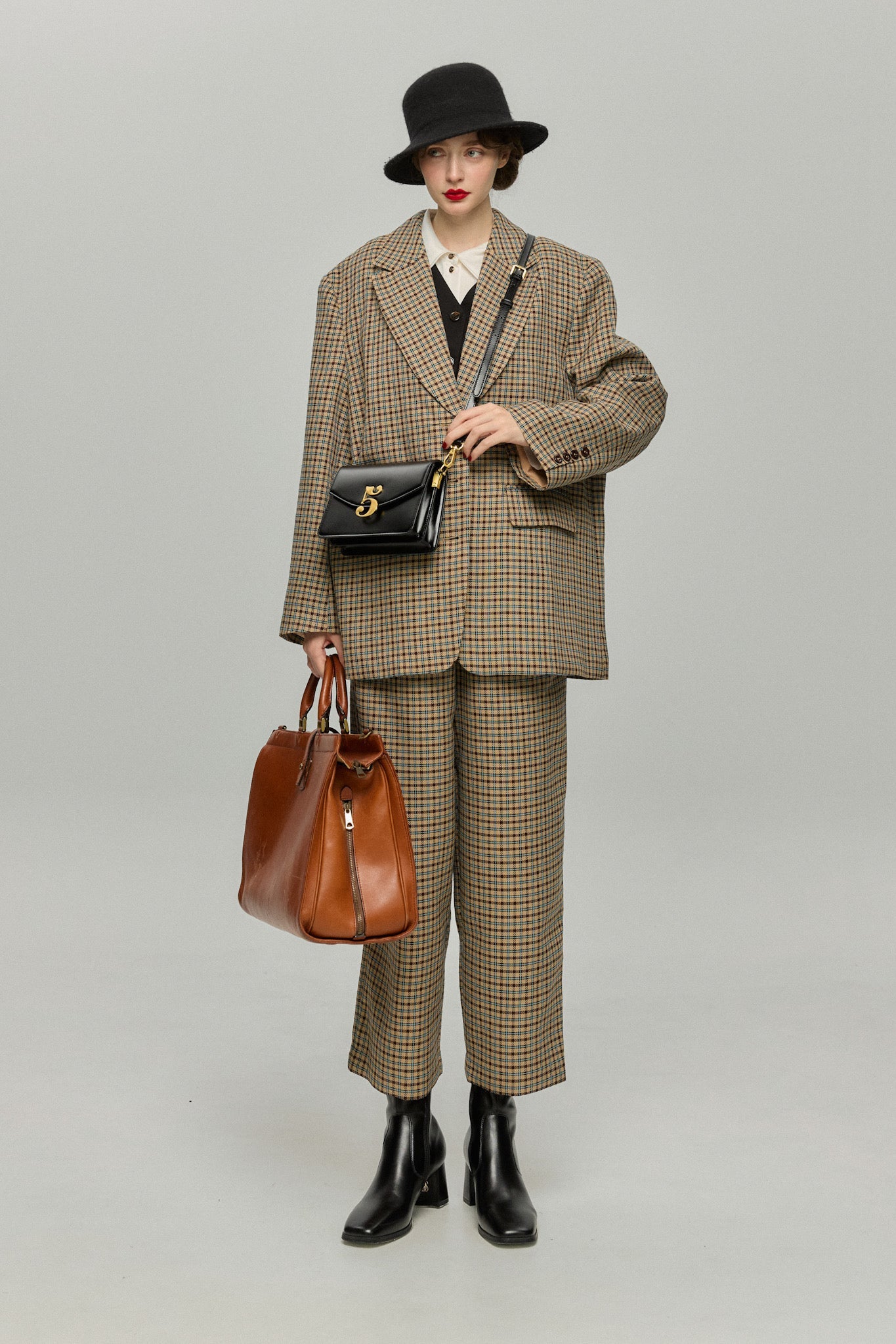 ハイウエストワイドチェックパンツ-Brown