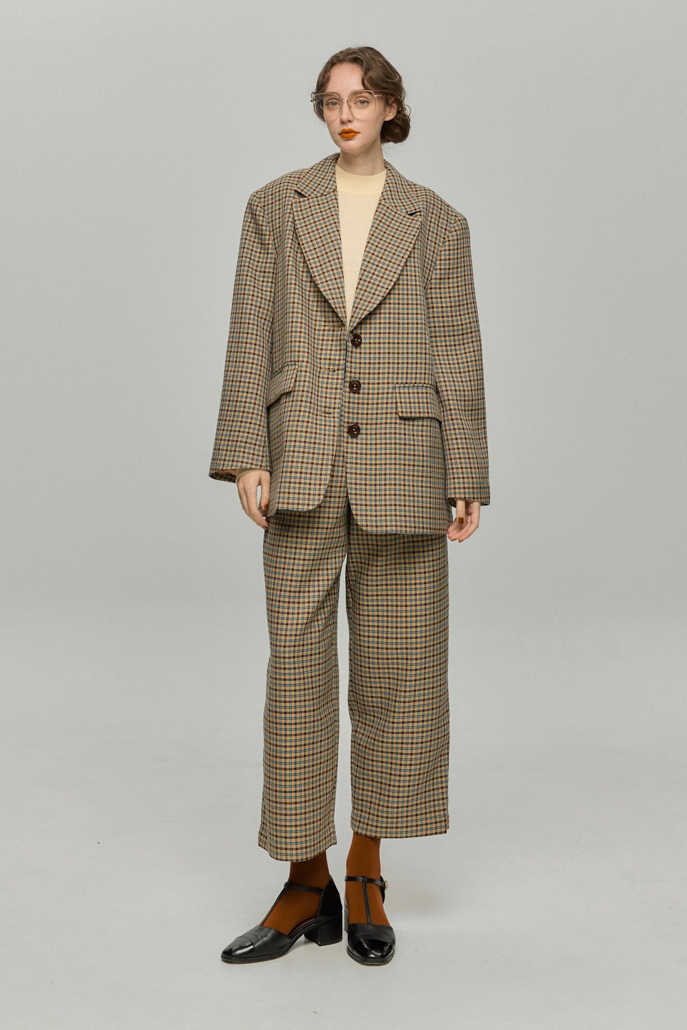 ハイウエストワイドチェックパンツ-Brown