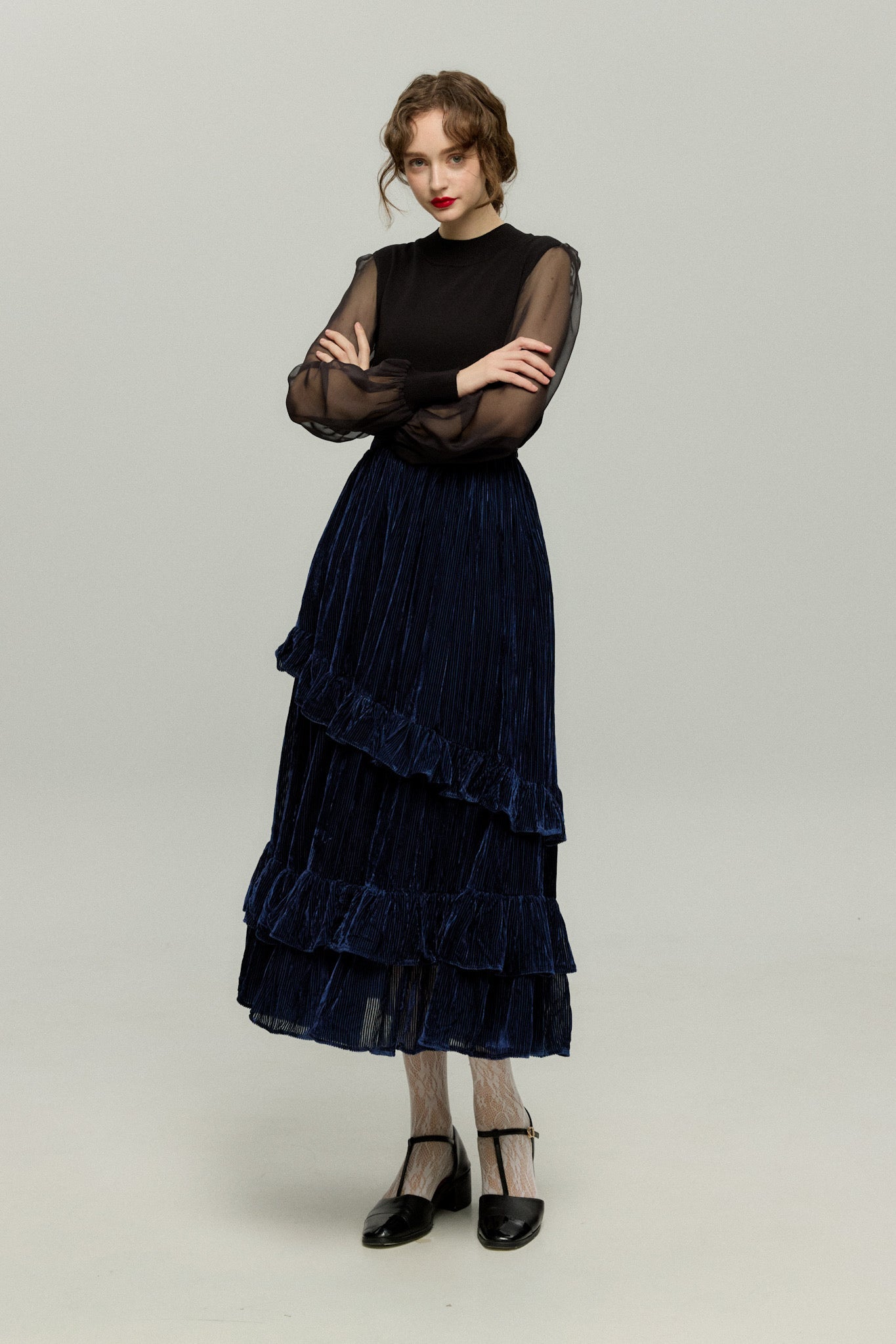 ベルベットサーキュラースカート-Navy
