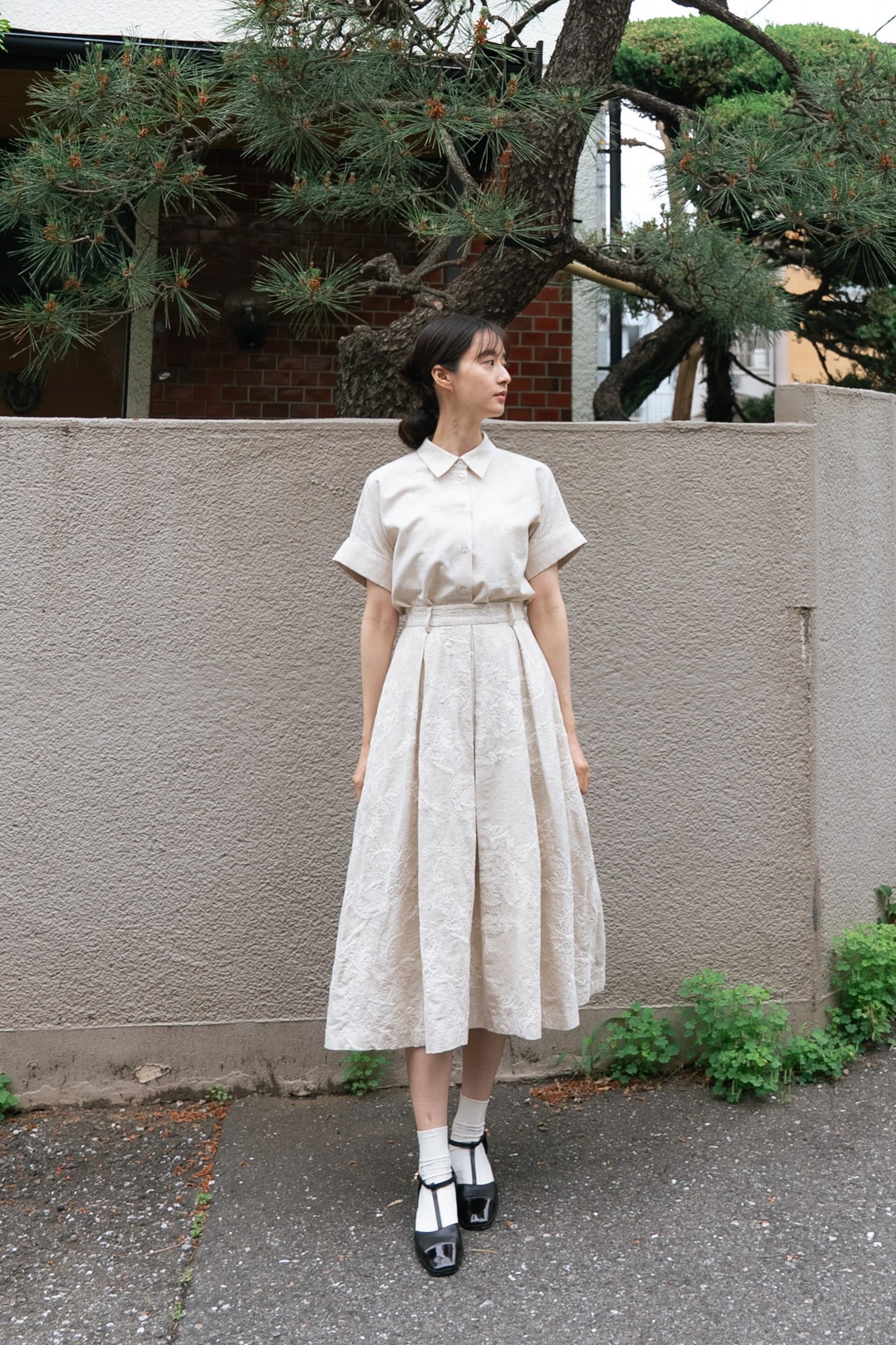 フロントタックハイウエストスカート-Ivory