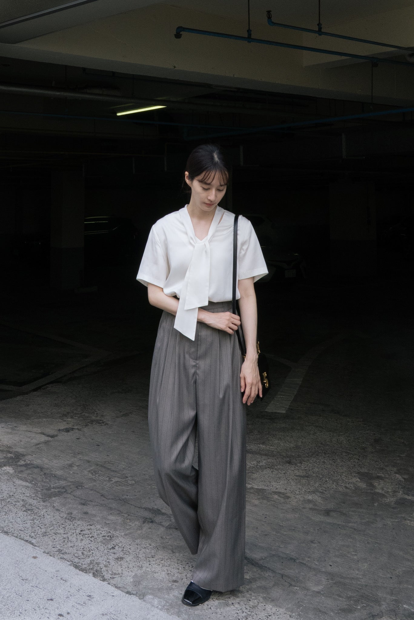 ハイウエストストライプパンツ-Gray