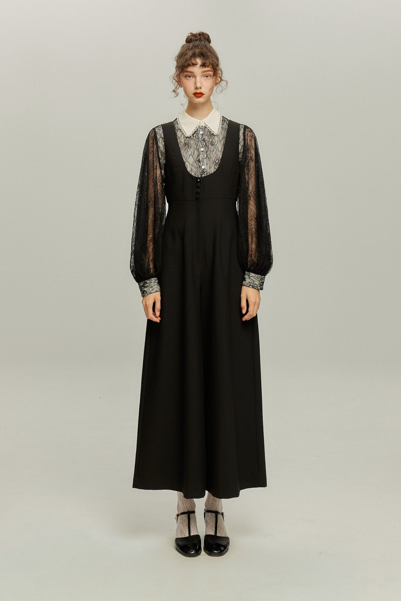 シースルースリーブレースブラウス-Black