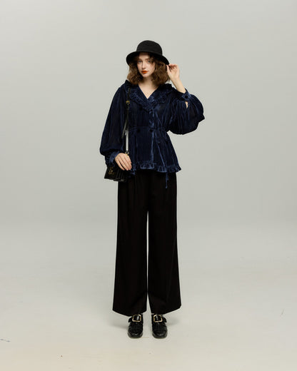フリルデザインベルベットトップス-Navy