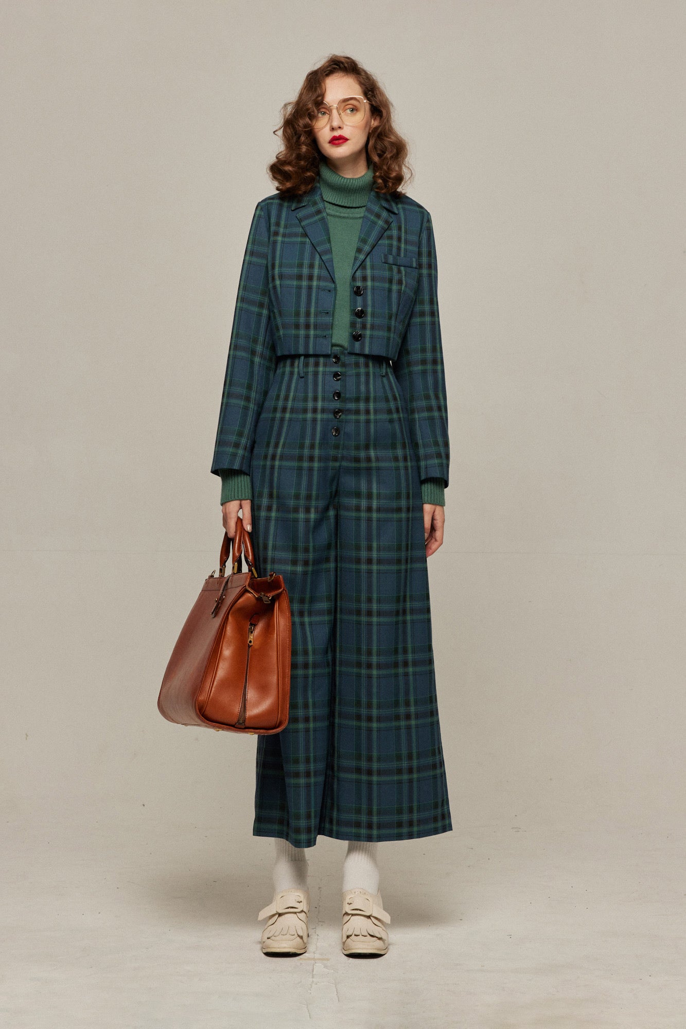 ハイウエストワイドチェックパンツ-Blue green
