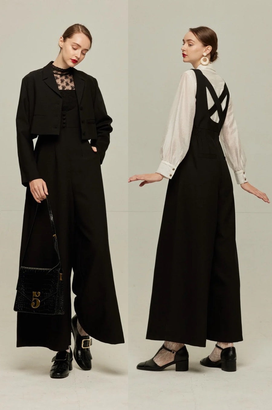 ハイウエストデザインバッククロスサロペット-Black