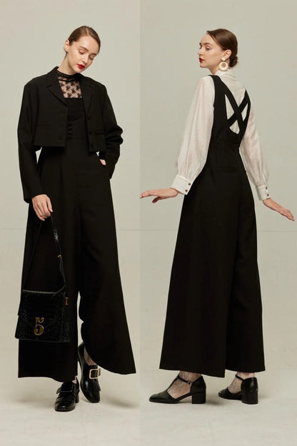 ハイウエストデザインバッククロスサロペット-Black