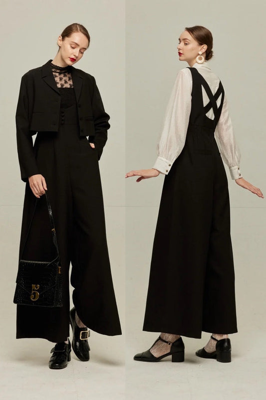 ハイウエストデザインバッククロスサロペット-Black