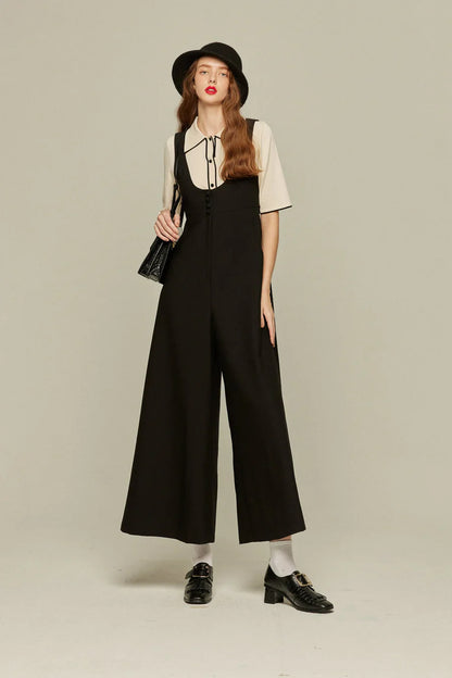 ハイウエストデザインバッククロスサロペット-Black