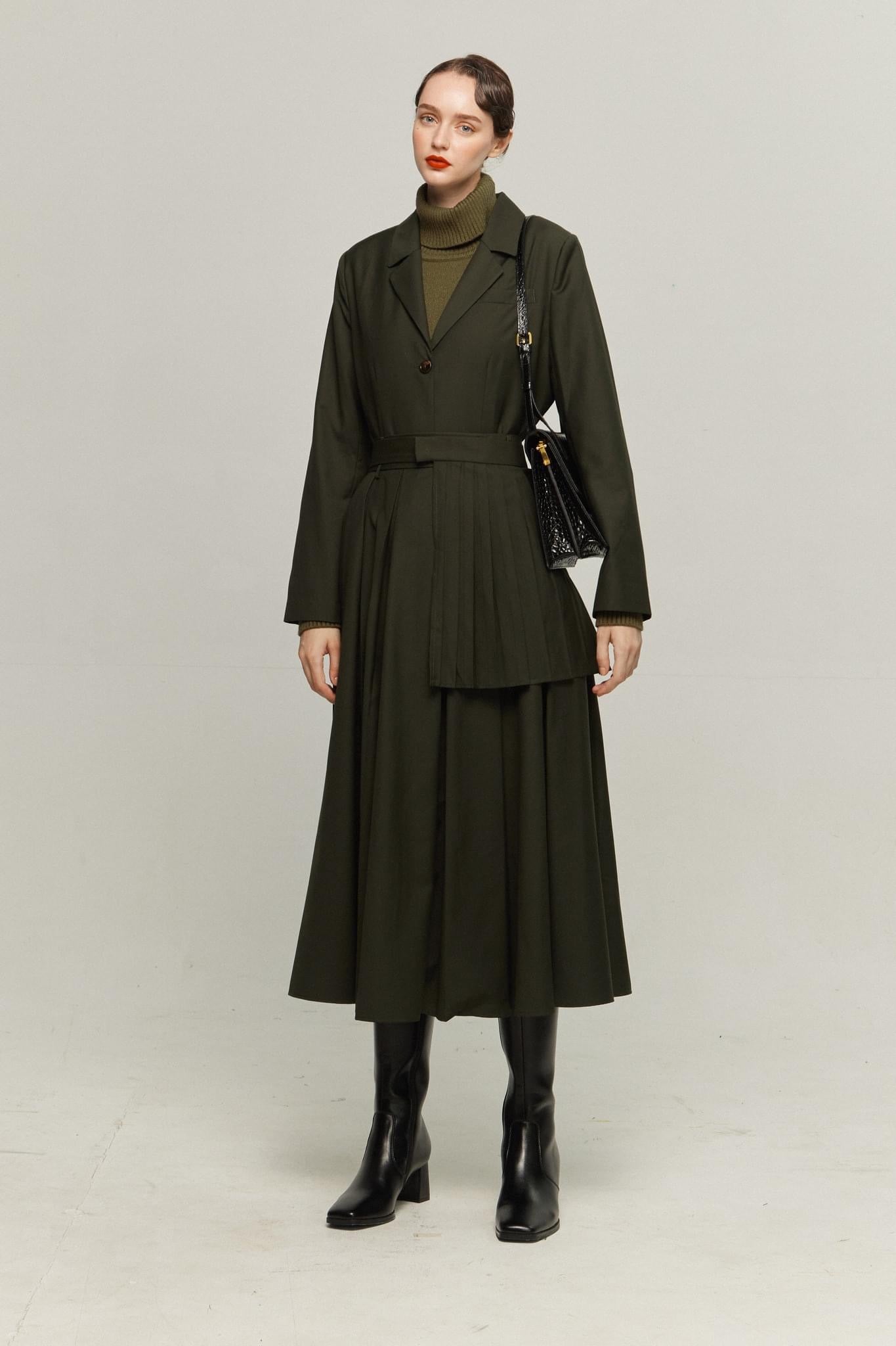 ハイウエストボックスプリーツスカート-Dark green