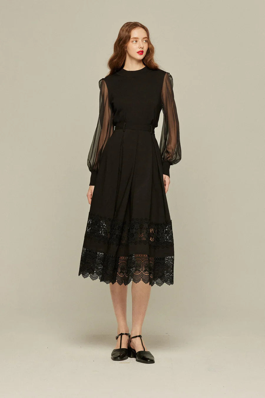 シースルースリーブニットトップ-Black