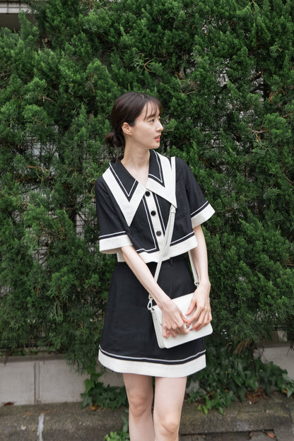 ビッグカラーシンメトリーステッチトップス-Black