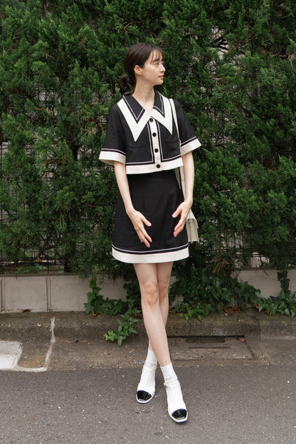 ラインステッチハイウエススカート-Black