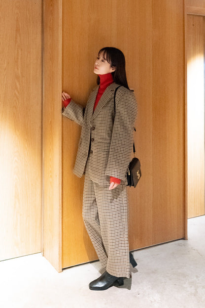 ハイウエストワイドチェックパンツ-Brown