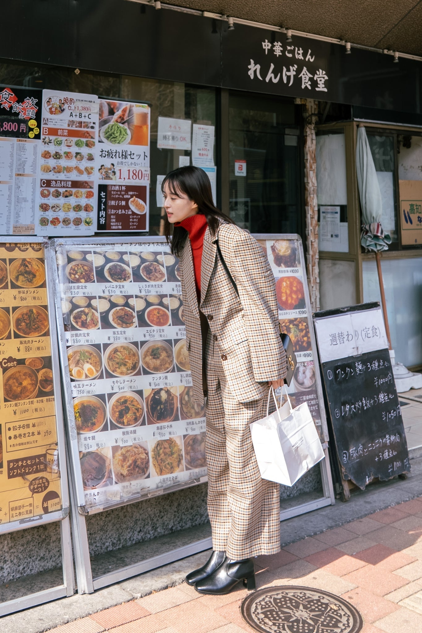 ハイウエストワイドチェックパンツ-Brown