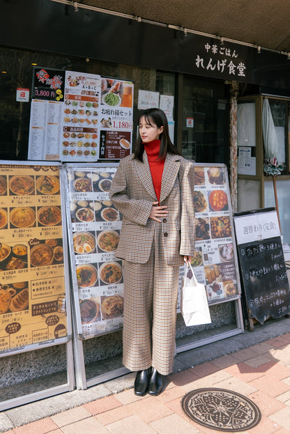 ハイウエストワイドチェックパンツ-Brown
