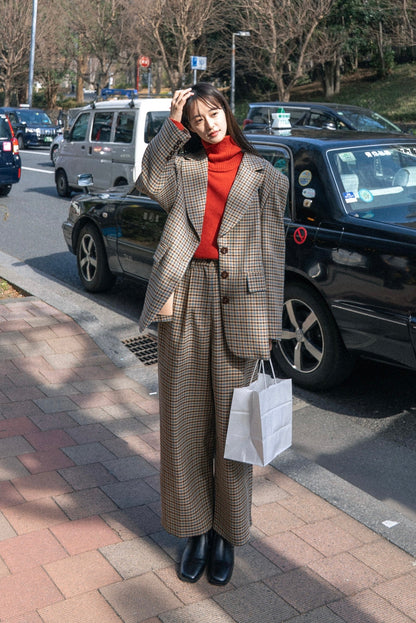 ハイウエストワイドチェックパンツ-Brown