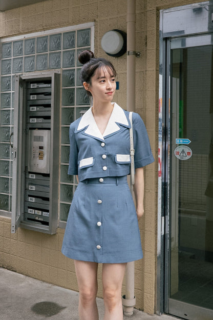 ロールアップスリーブチェックトップス-Blue