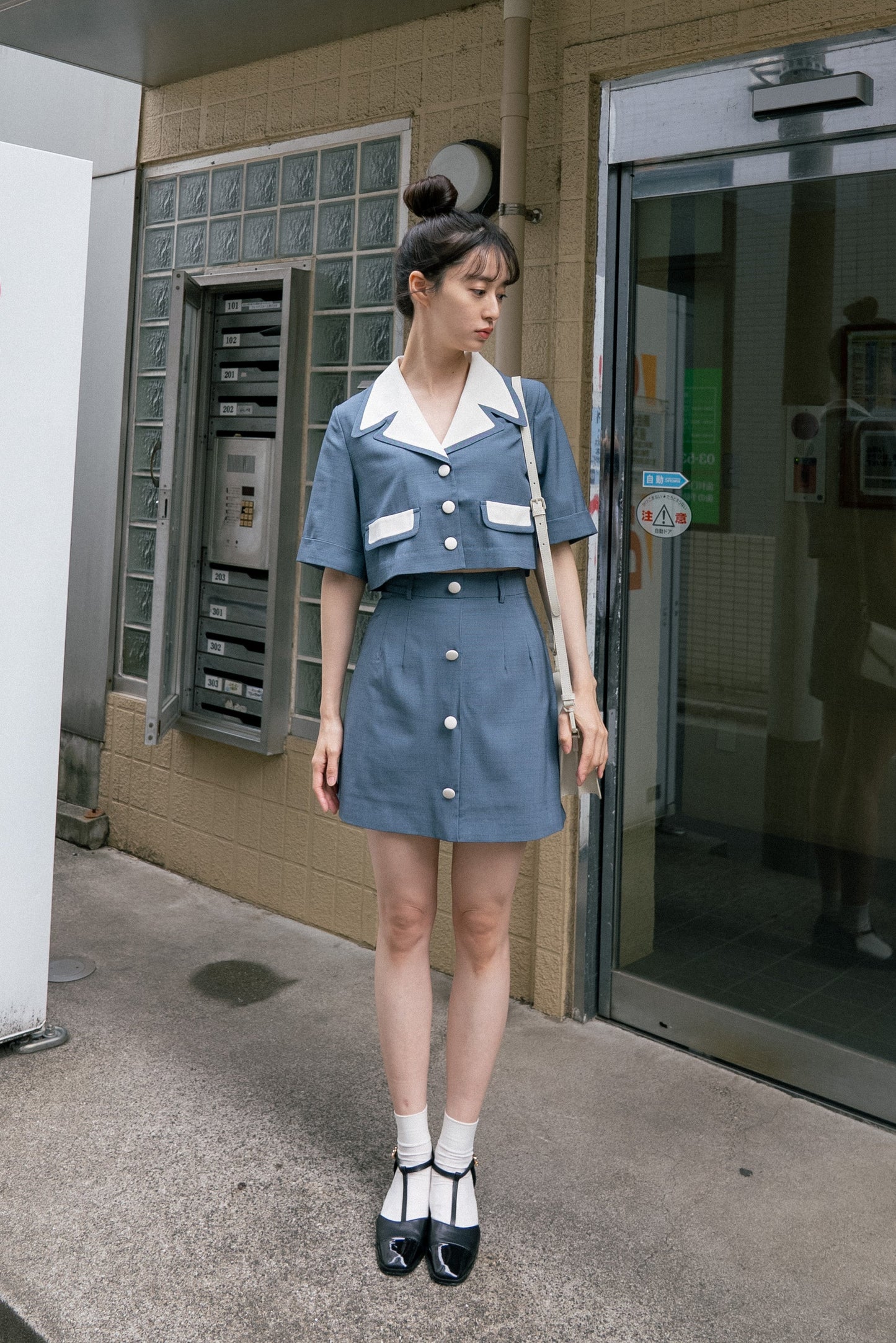 ロールアップスリーブチェックトップス-Blue