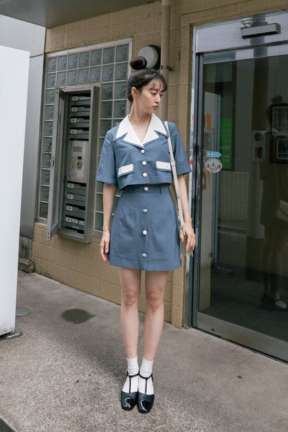 ロールアップスリーブチェックトップス-Blue