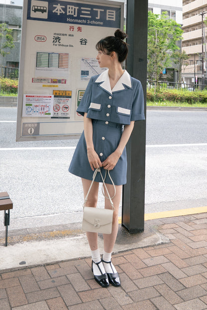 ロールアップスリーブチェックトップス-Blue