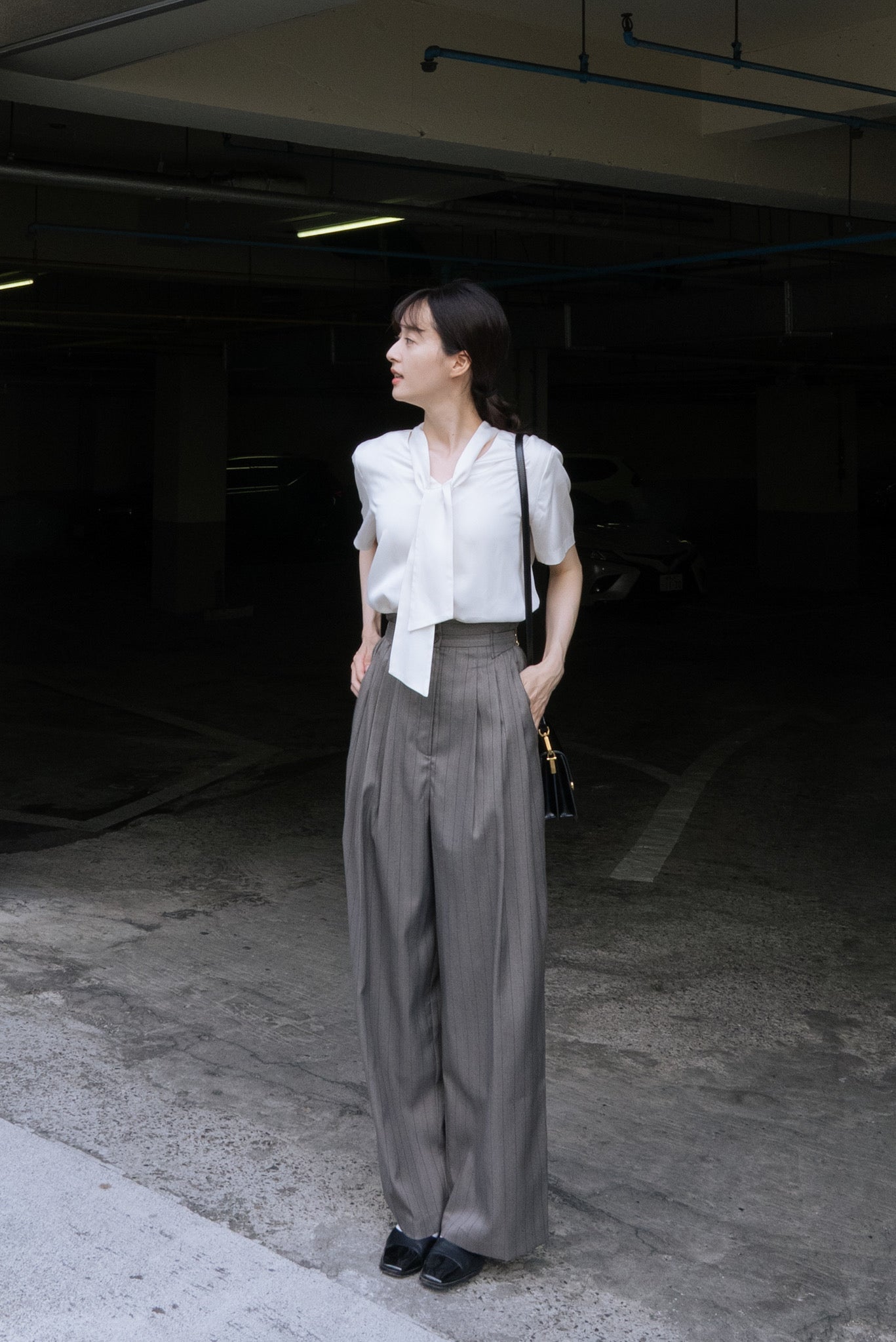ハイウエストストライプパンツ-Gray