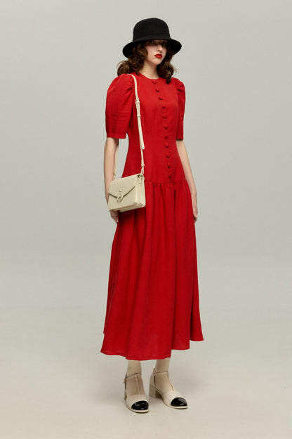 ハイウエストデザインドレス-Red